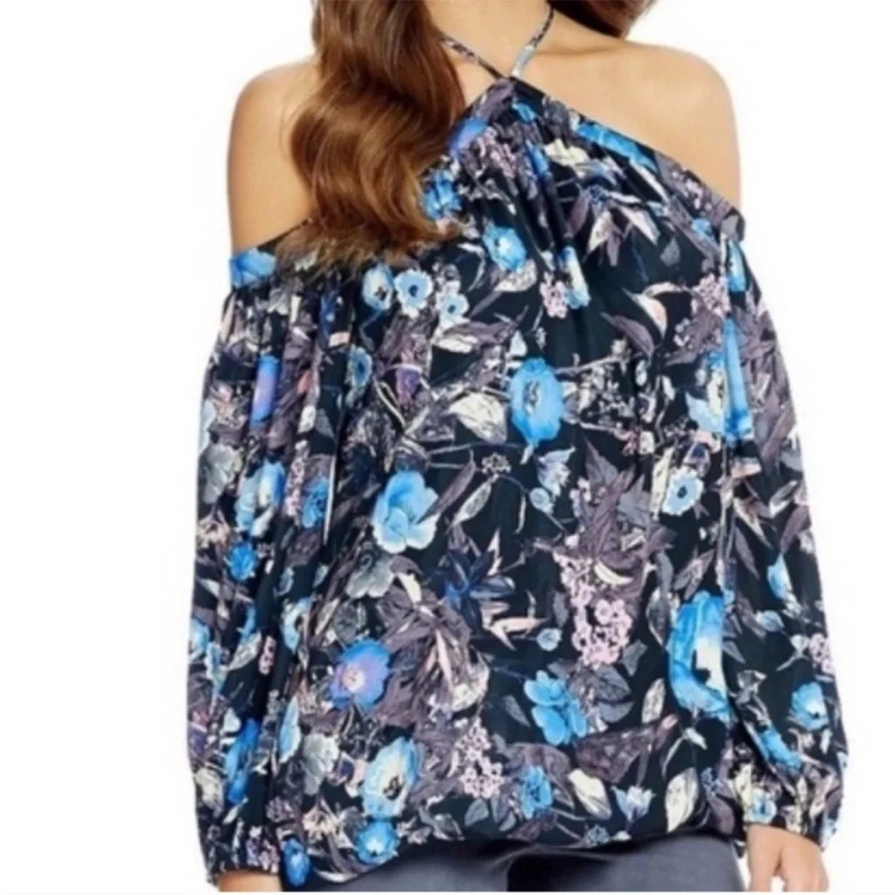 NWT Gianni Bini Off the Shoulder Halter Black Floral Colette Top Women’s XS